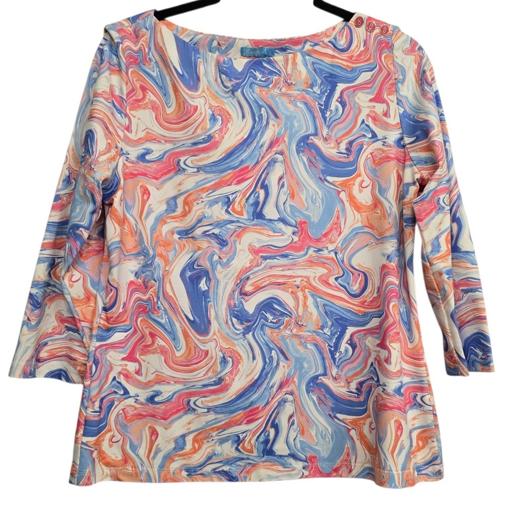 J McLaughlin Swirl Print Top L‎ Pink Blue Coastal Preppy Resort Coastal Classic